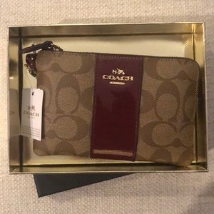 NWB Coach Leather Khaki/Burgundy Wristlet